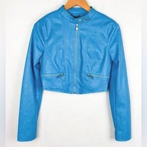 7 For All Mankind Blue Cropped Faux Leather Moto Jacket